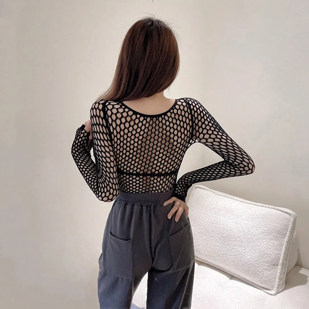 Stretchy Black Long Sleeve Fishnet Top