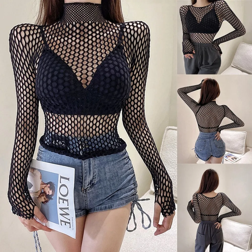 Stretchy Black Long Sleeve Fishnet Top