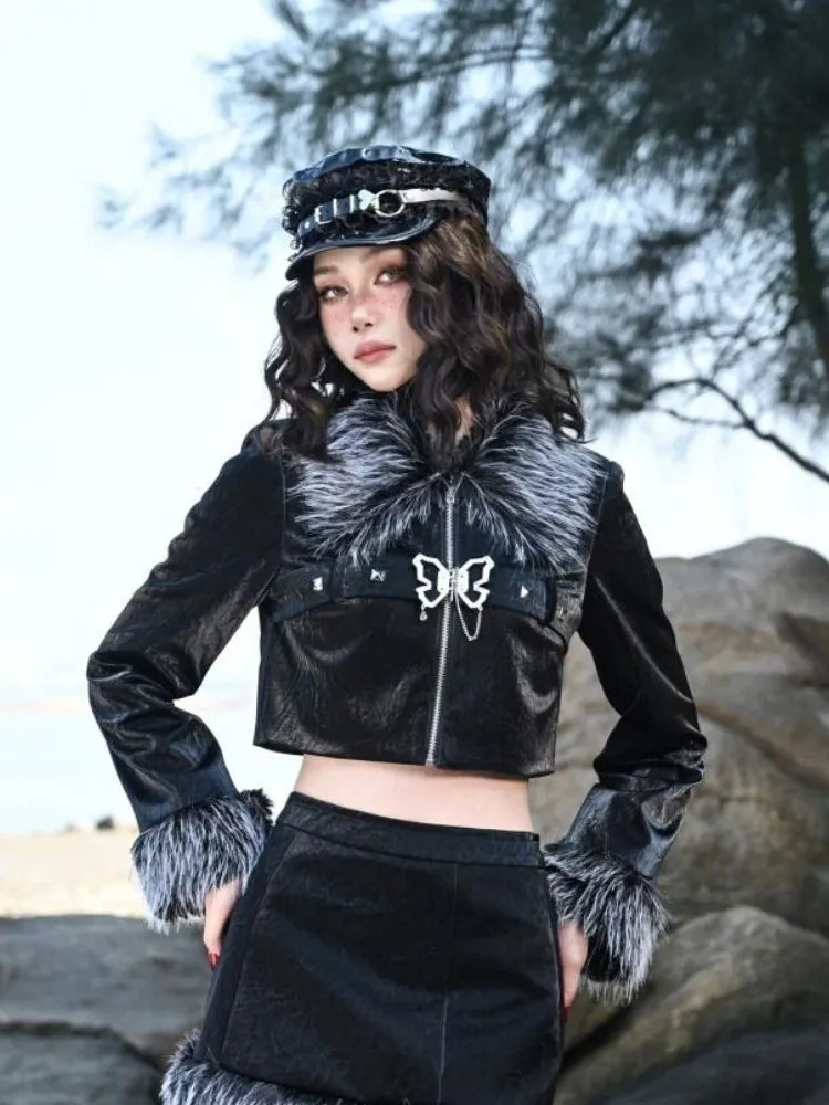 Studded Hair Collar Hottie Leather Jacket【s0000004839】