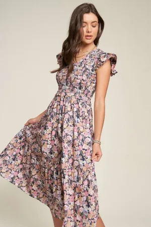 Summer Garden Floral Flutter Smocking Midi Dress