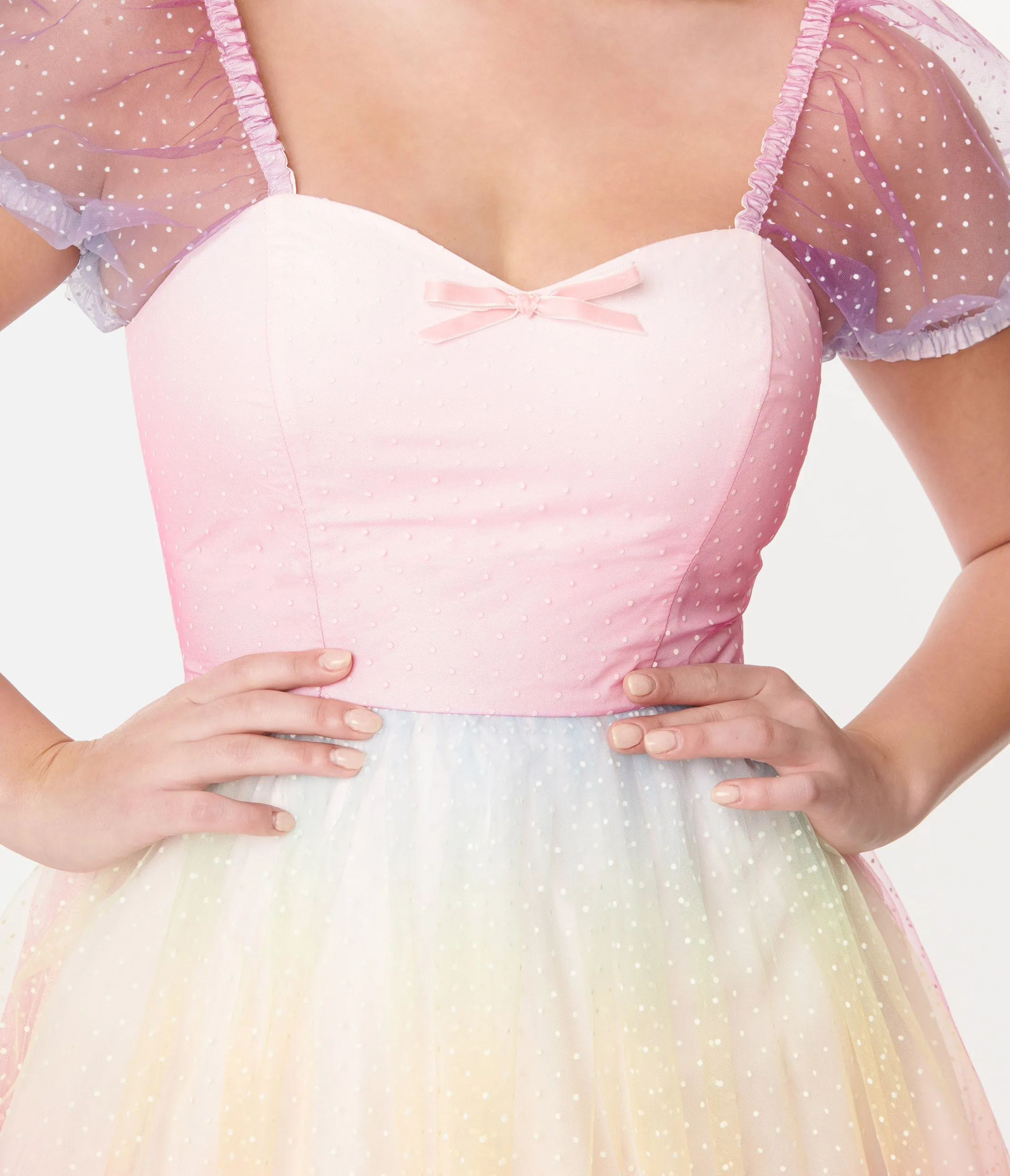 Unique Vintage 1950s Pastel Rainbow Ombre Clip Dot Tulle Sweetheart Fit & Flare Dress