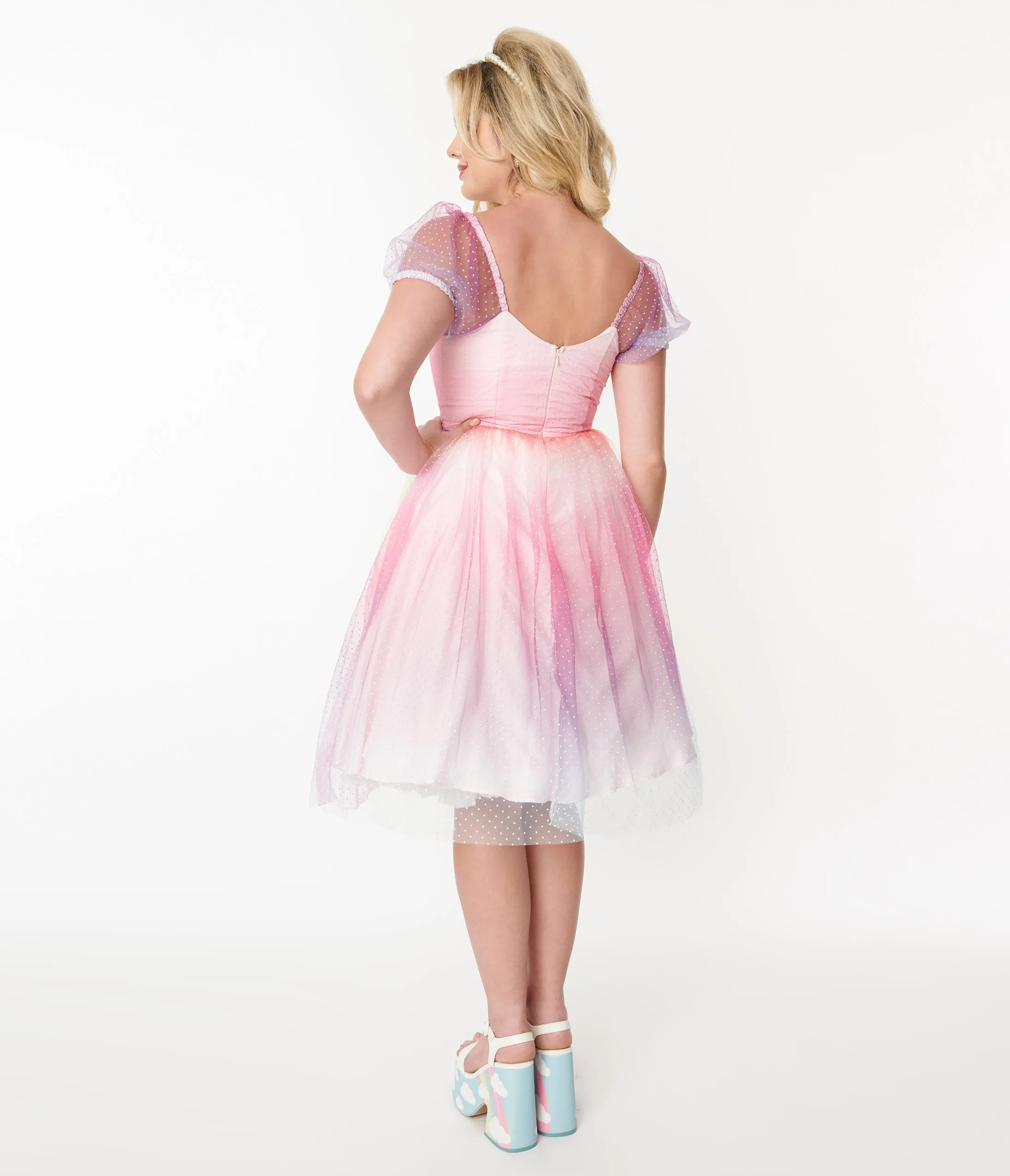 Unique Vintage 1950s Pastel Rainbow Ombre Clip Dot Tulle Sweetheart Fit & Flare Dress