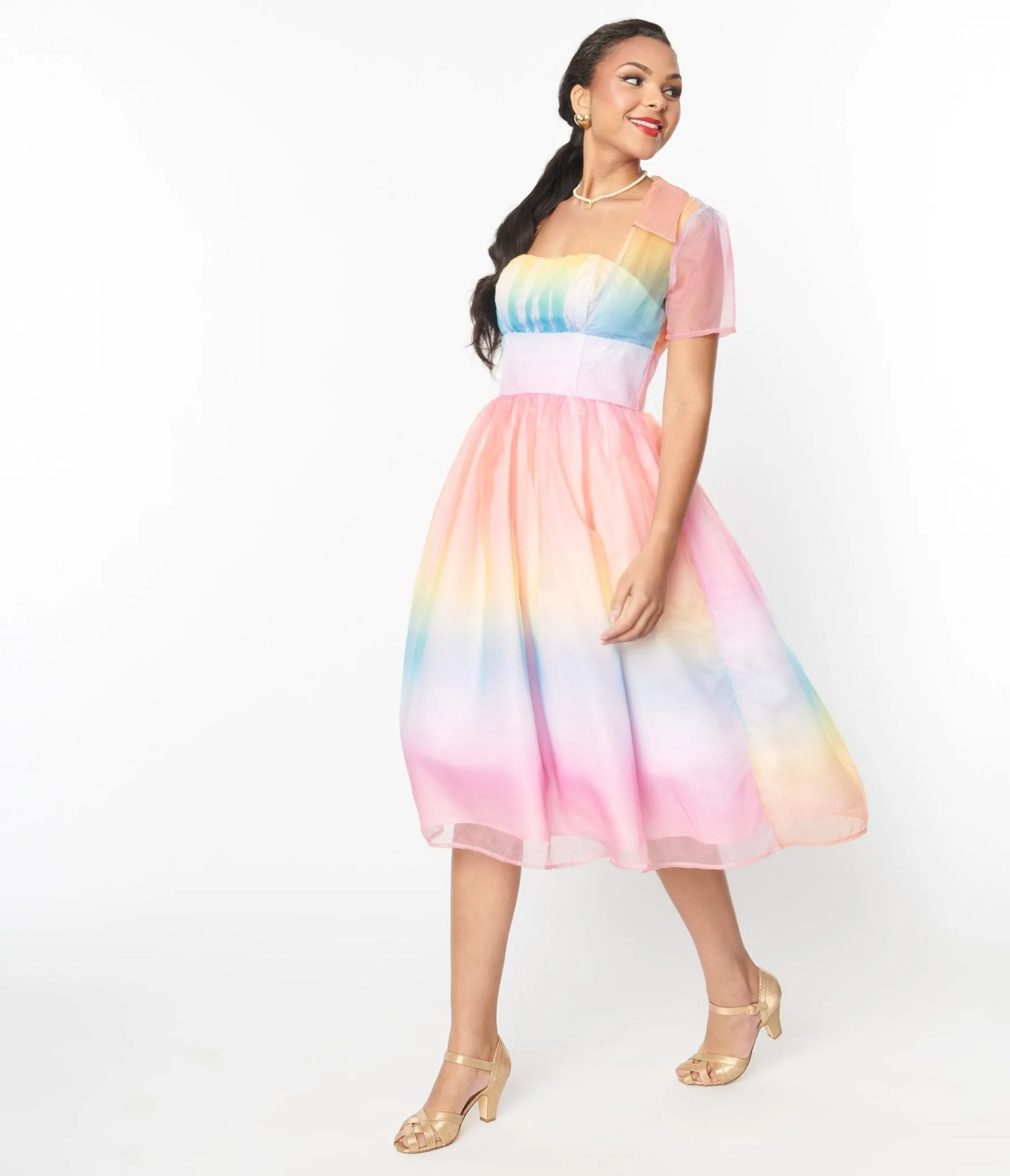 Unique Vintage Pastel Rainbow Ombre Libby Swing Dress