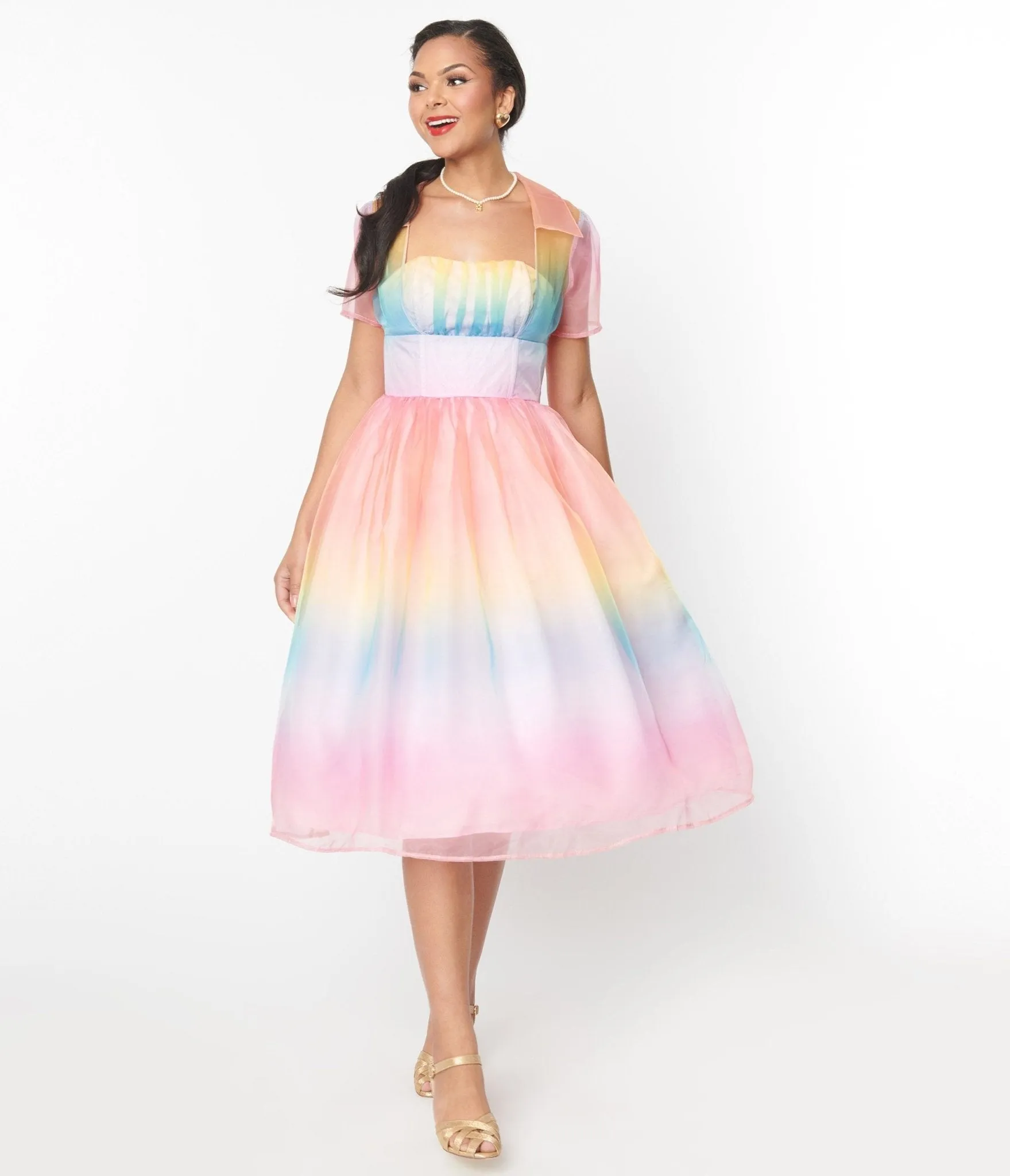 Unique Vintage Pastel Rainbow Ombre Libby Swing Dress