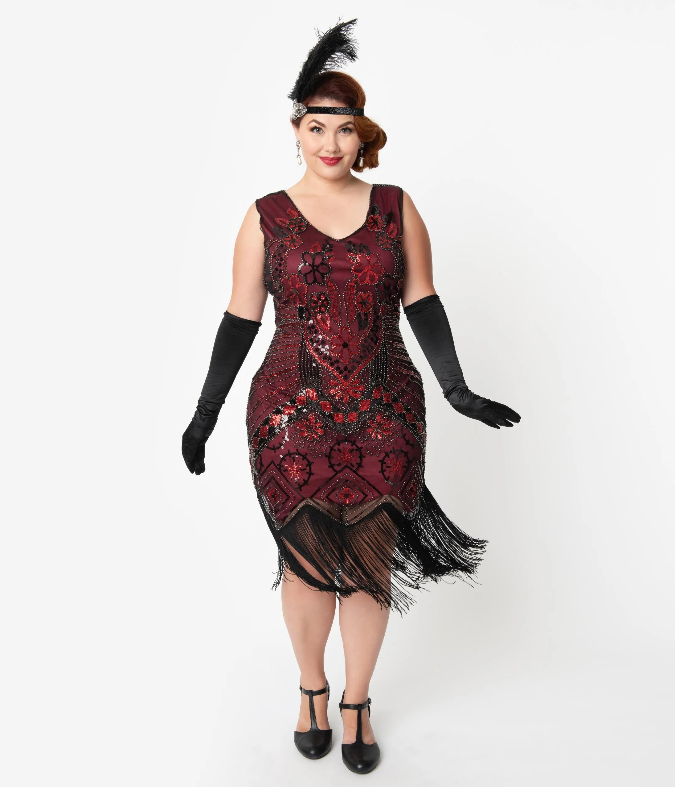 Unique Vintage Plus Size 1920s Black & Red Beaded Fringe Charvelle Flapper Dress