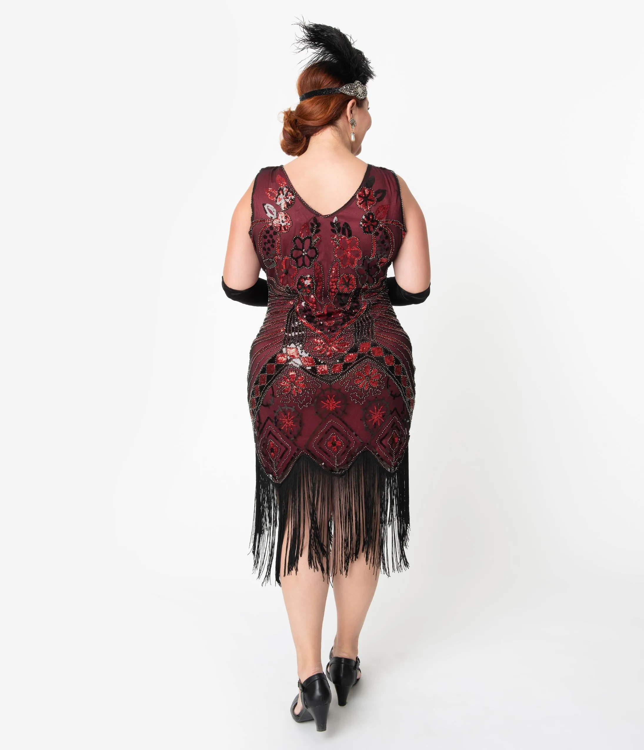 Unique Vintage Plus Size 1920s Black & Red Beaded Fringe Charvelle Flapper Dress