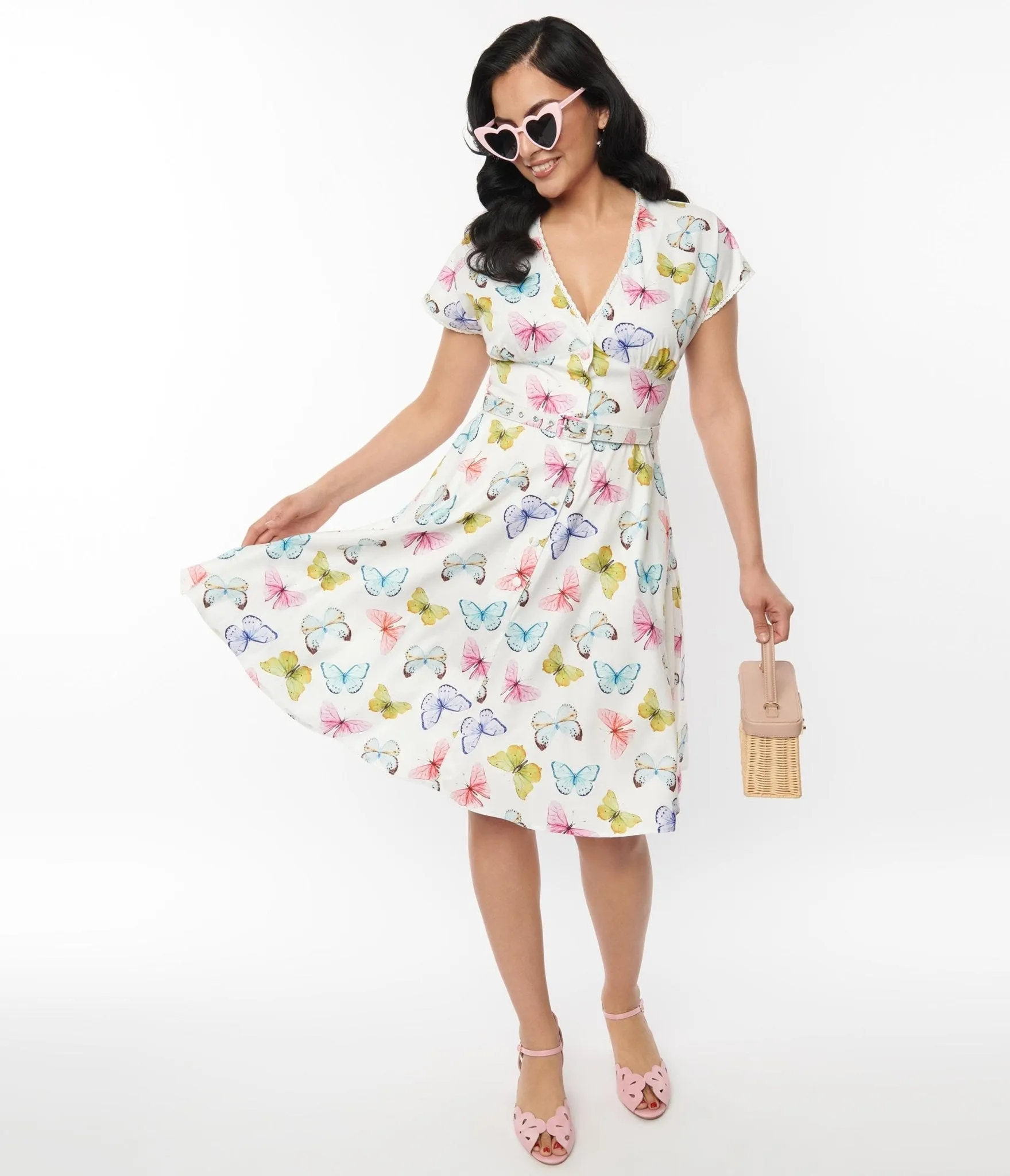 Unique Vintage White Butterfly Flutter Sleeve Swing Dress