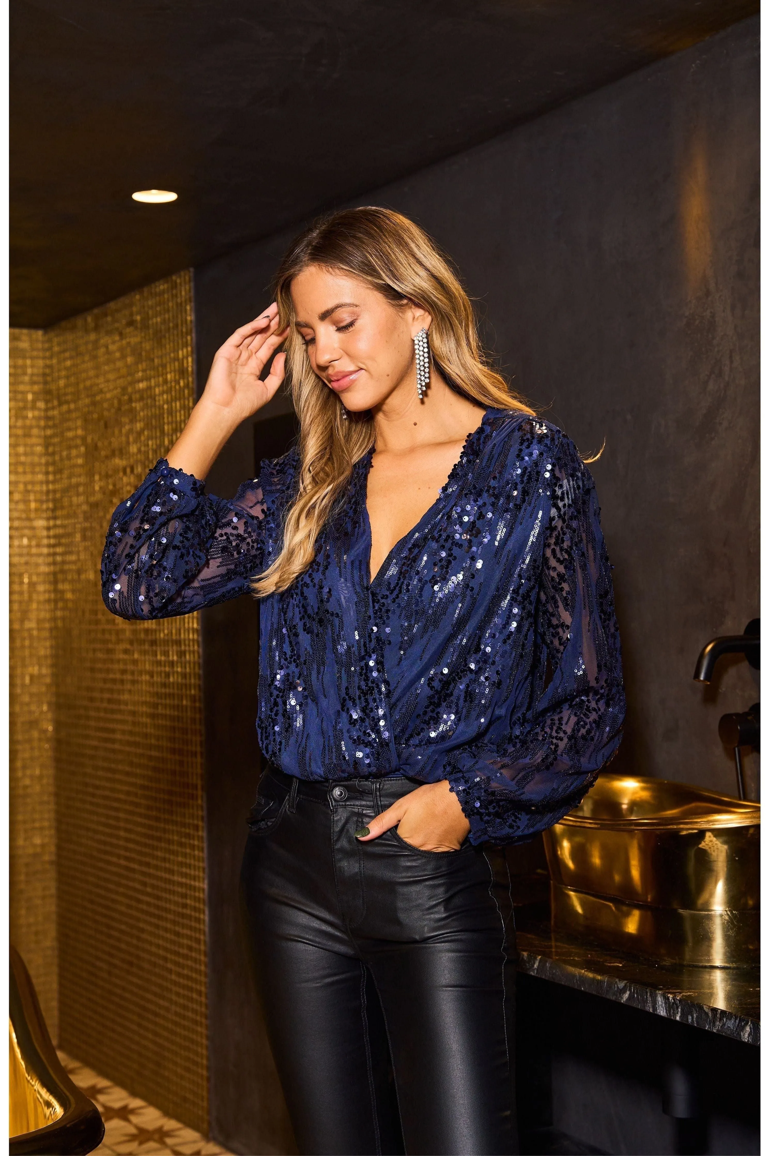 Urban Touch Sequin Wrap Bodysuit With Long Sleeve