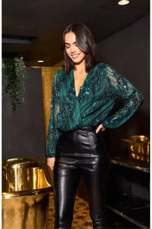 Urban Touch Sequin Wrap Bodysuit With Long Sleeve