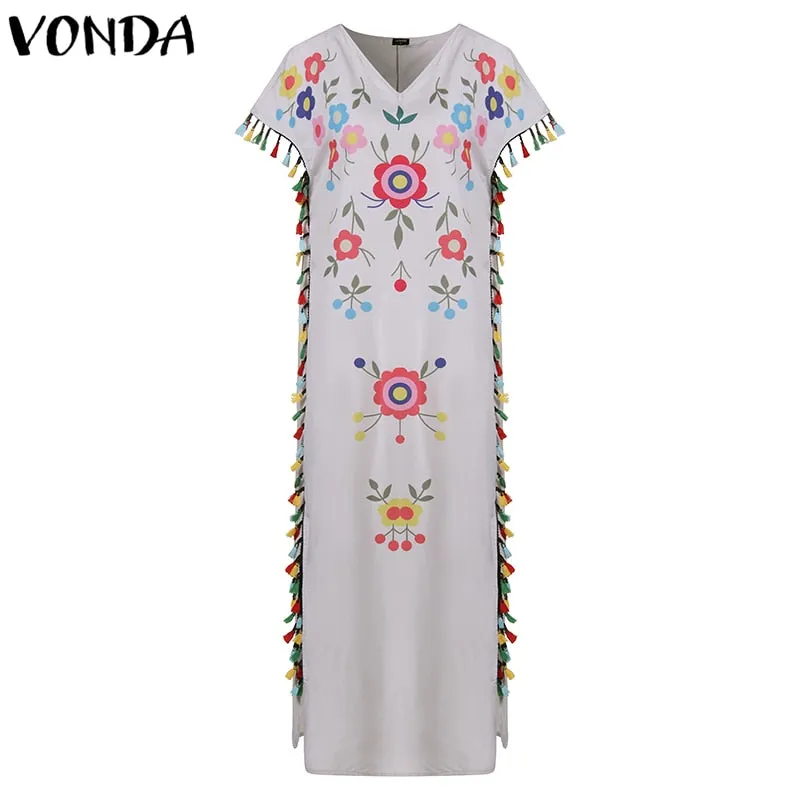 VenusFox Floral Printed Vintage Casual Maxi Dress