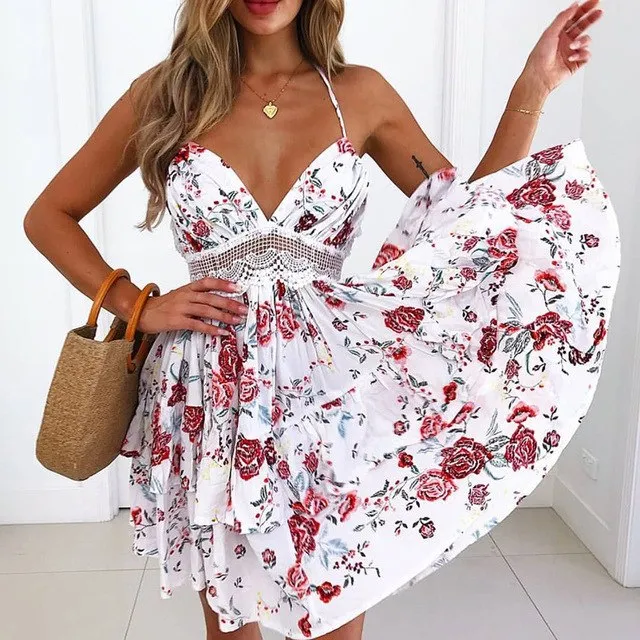 VenusFox Women Bohemian Elegant Lace Spaghetti Strap Backless Dress