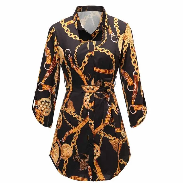 VenusFox Women Long Sleeve Chain Print Shirt Dress Ladies Casual Mini Dress