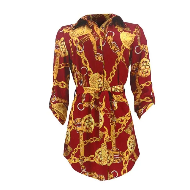 VenusFox Women Long Sleeve Chain Print Shirt Dress Ladies Casual Mini Dress