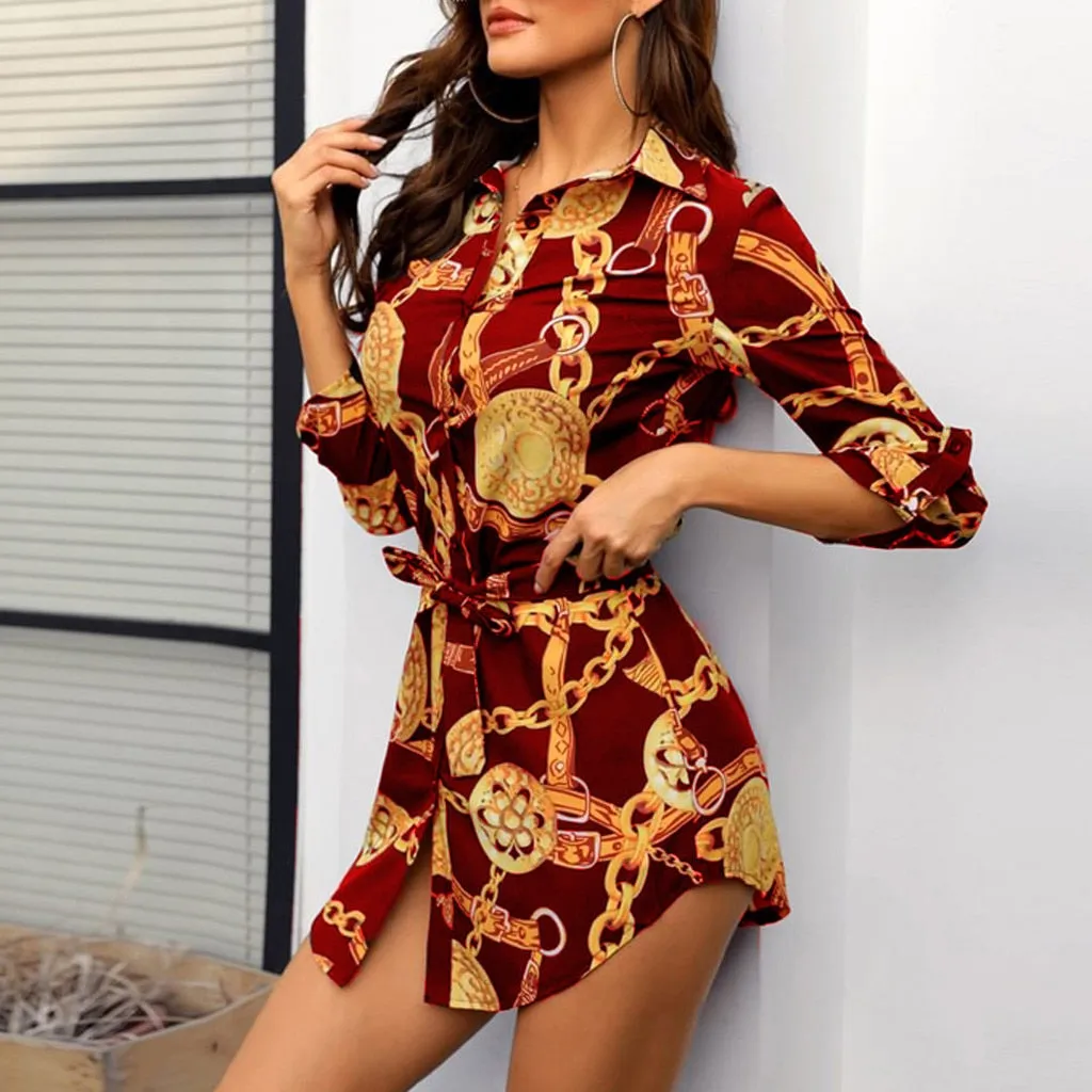 VenusFox Women Long Sleeve Chain Print Shirt Dress Ladies Casual Mini Dress