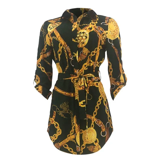 VenusFox Women Long Sleeve Chain Print Shirt Dress Ladies Casual Mini Dress