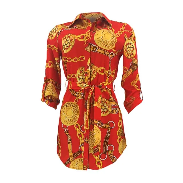 VenusFox Women Long Sleeve Chain Print Shirt Dress Ladies Casual Mini Dress