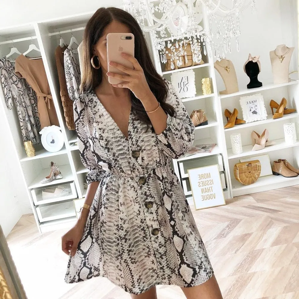 VenusFox Women Snake Print Neck Wrap Bohemian Beach Short Dress