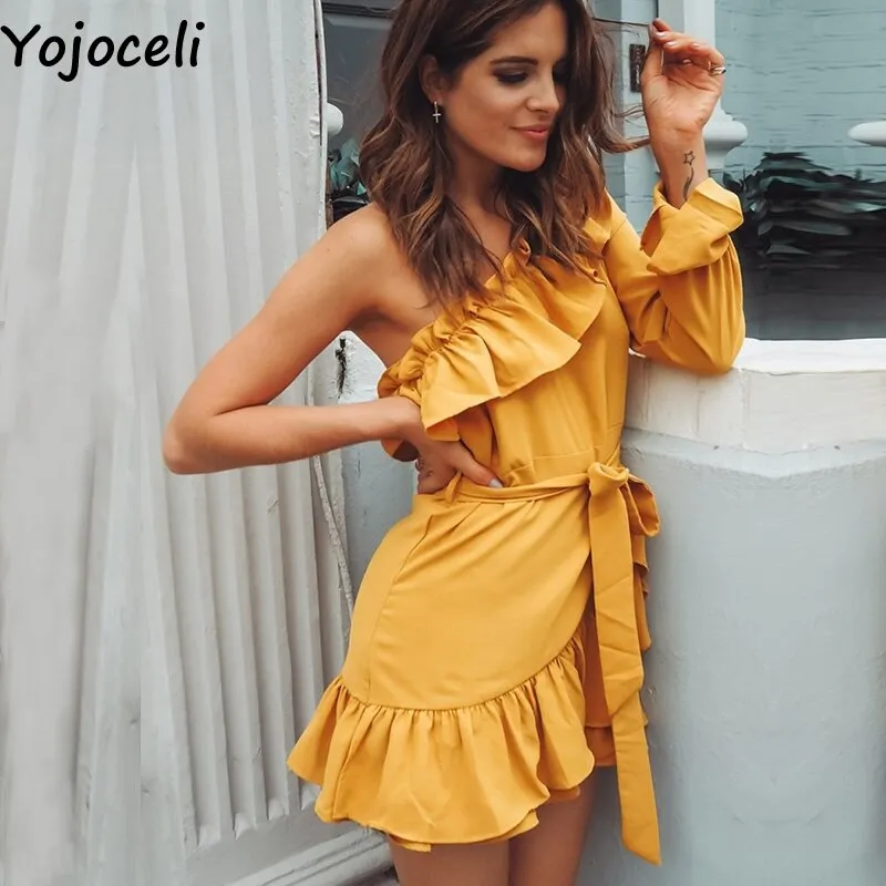 VenusFox Yojoceli Sexy ruffle bow short dress women Elegant party one shoulder beach dress female Casual daily cute summer dress vestidos