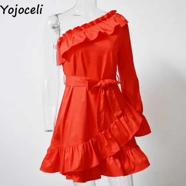 VenusFox Yojoceli Sexy ruffle bow short dress women Elegant party one shoulder beach dress female Casual daily cute summer dress vestidos