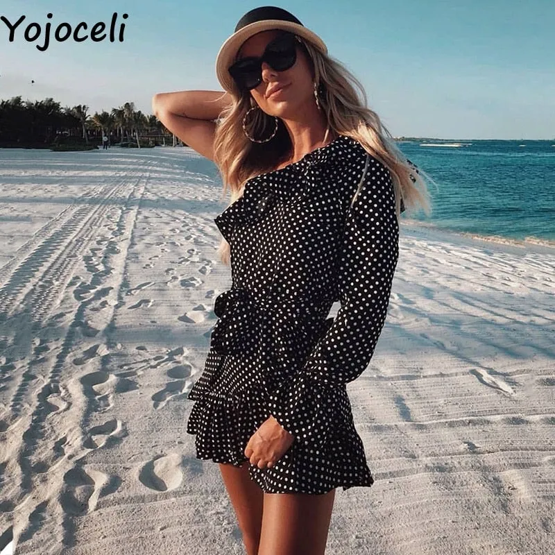 VenusFox Yojoceli Sexy ruffle bow short dress women Elegant party one shoulder beach dress female Casual daily cute summer dress vestidos