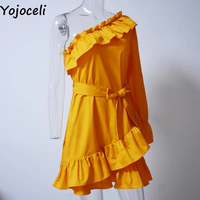 VenusFox Yojoceli Sexy ruffle bow short dress women Elegant party one shoulder beach dress female Casual daily cute summer dress vestidos