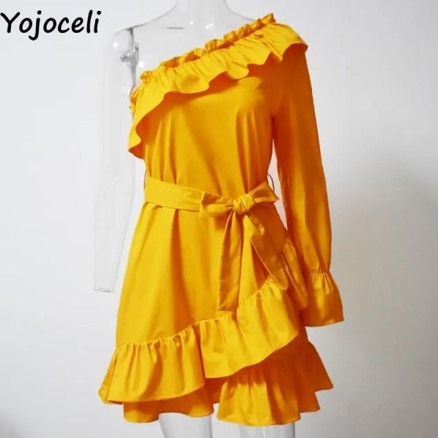 VenusFox Yojoceli Sexy ruffle bow short dress women Elegant party one shoulder beach dress female Casual daily cute summer dress vestidos