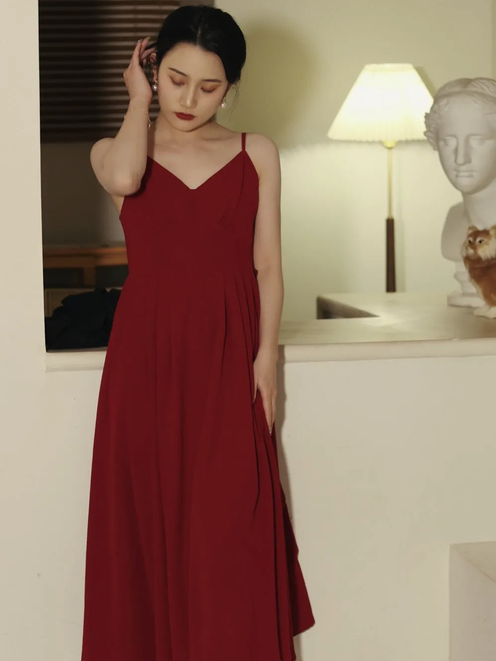 Vintage Burgundy Romantic Summer Midi Dress