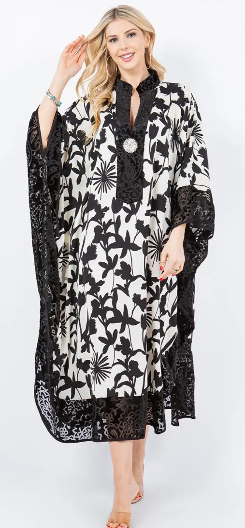 Vintage Hollywood Glam Black Floral Caftan Top or Dress Boho Hippie Chic  Sml-6x