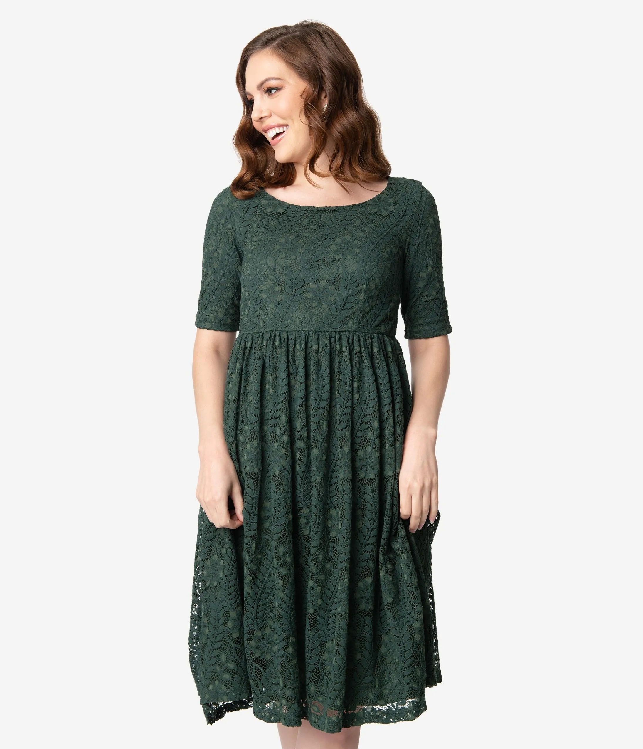 Vintage Style Emerald Green Lace Short Sleeve Swing Dress