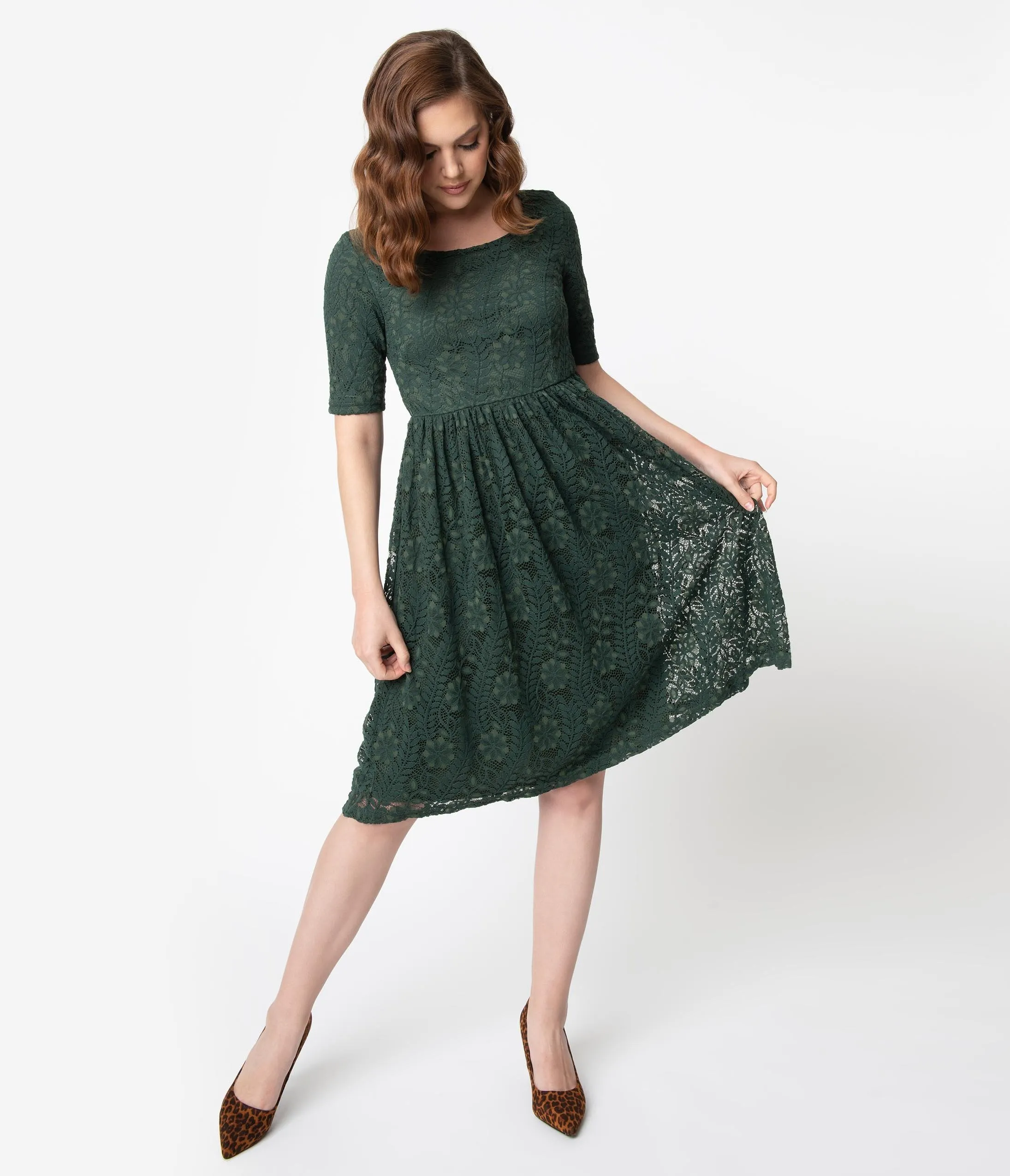 Vintage Style Emerald Green Lace Short Sleeve Swing Dress