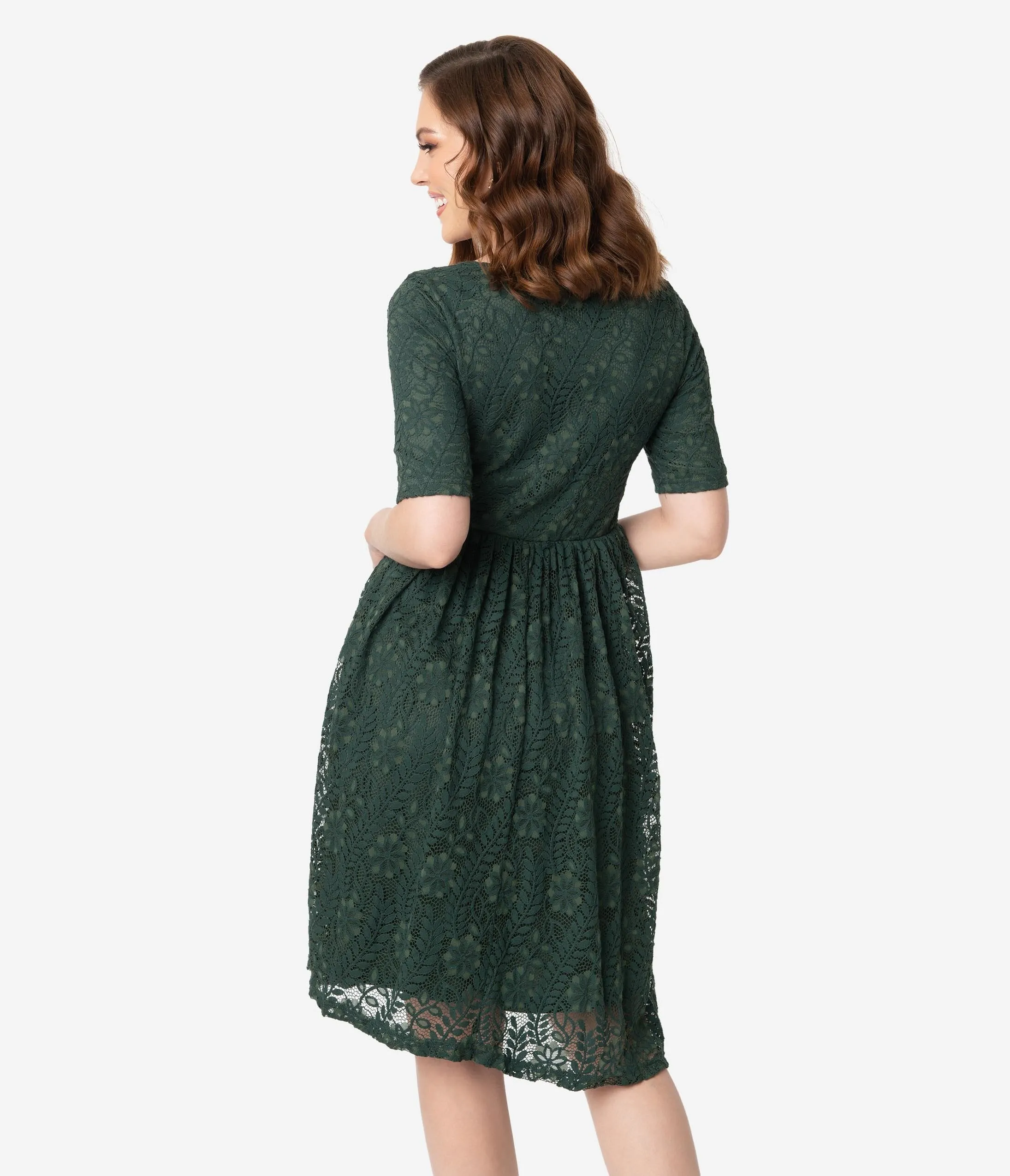 Vintage Style Emerald Green Lace Short Sleeve Swing Dress