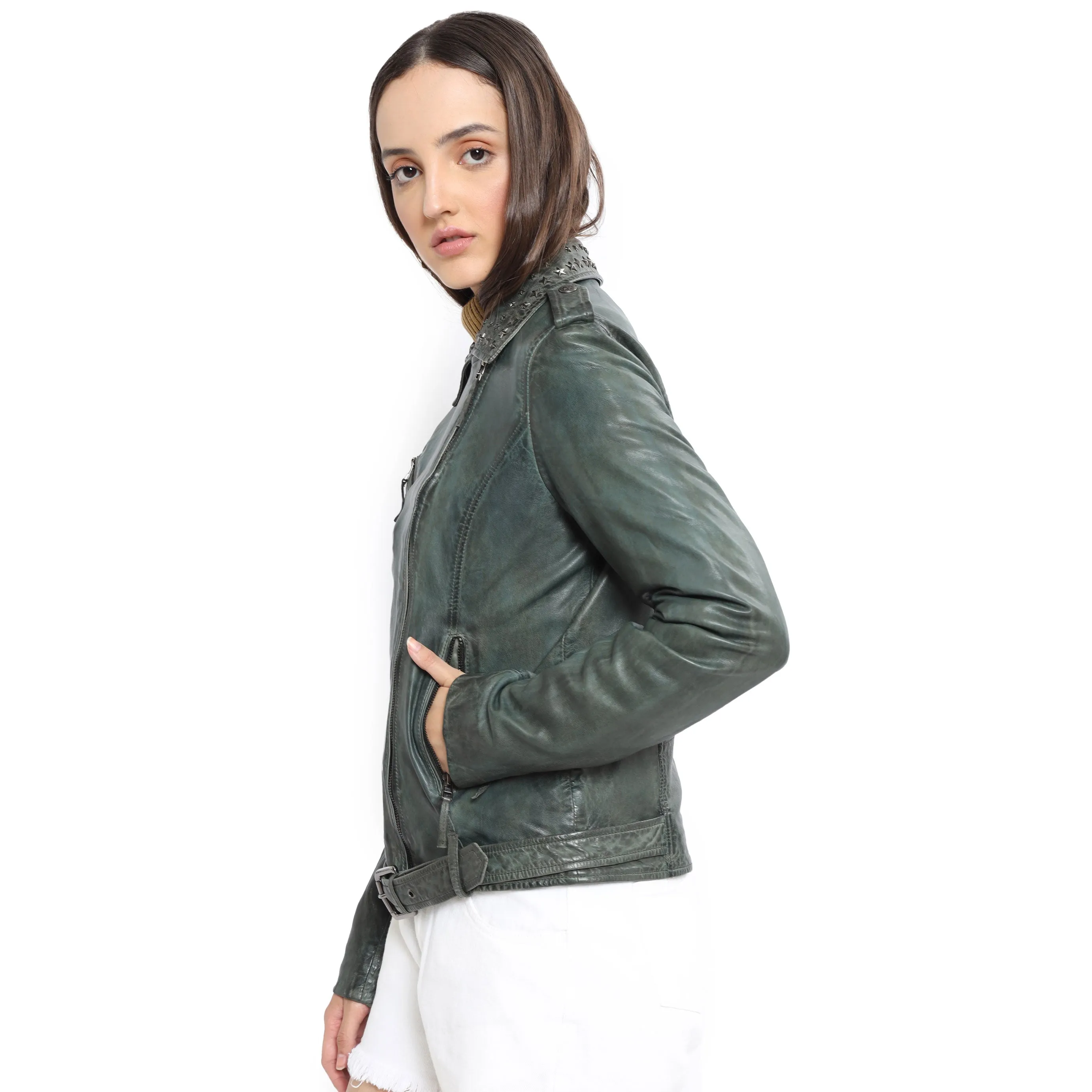 Washed Green Studded  LEATHER Jacket