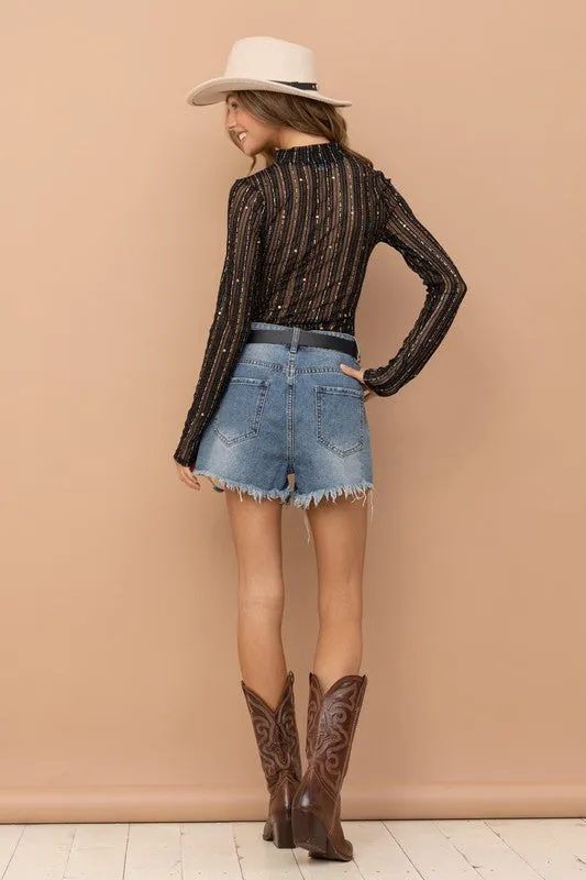 Western Glam Metallic Star Mesh Top