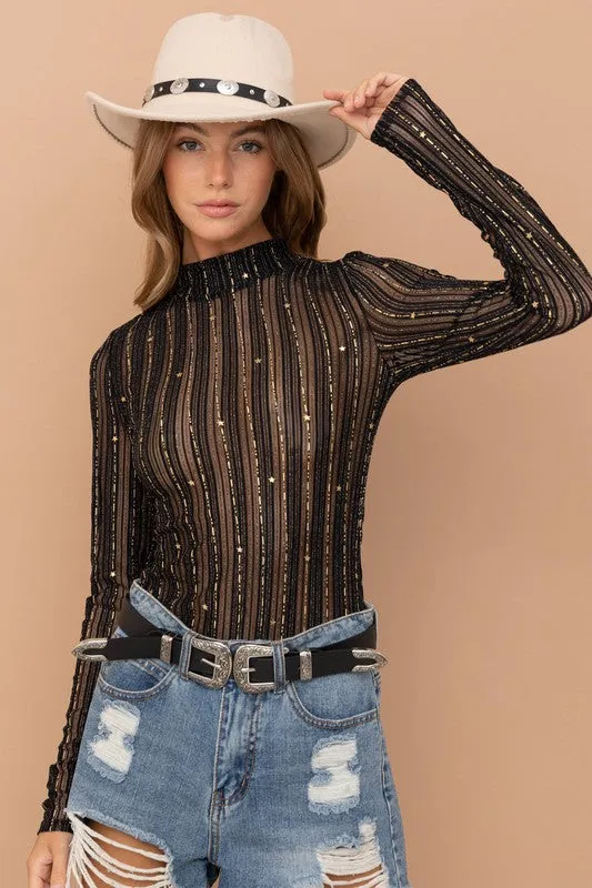 Western Glam Metallic Star Mesh Top