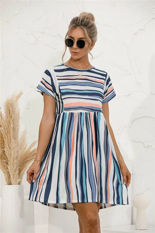 Women Round Neck Stripe Panel Mini Plus Size Dress