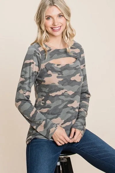 Women's Army Camo Printed Cut Out Neckline Long Sleeves Casual Basic Top