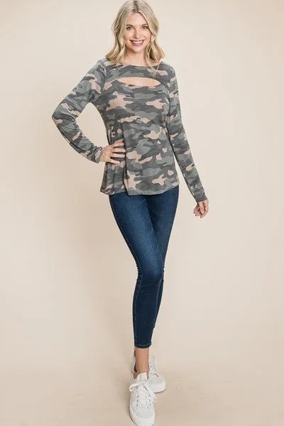 Women's Army Camo Printed Cut Out Neckline Long Sleeves Casual Basic Top