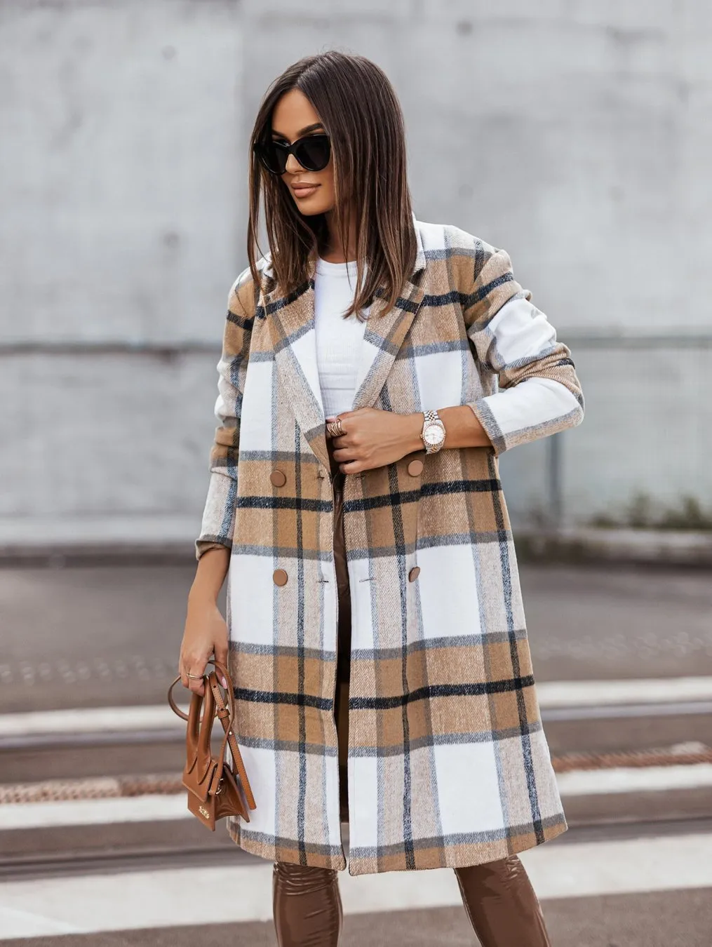 Women's Fall Winter Fashion Brushed Mid-length Plaid Wool Coat