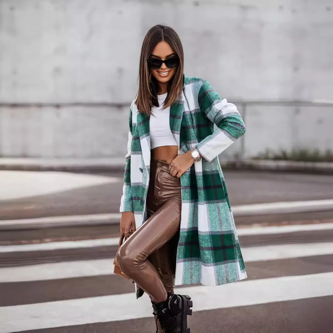 Women's Fall Winter Fashion Brushed Mid-length Plaid Wool Coat