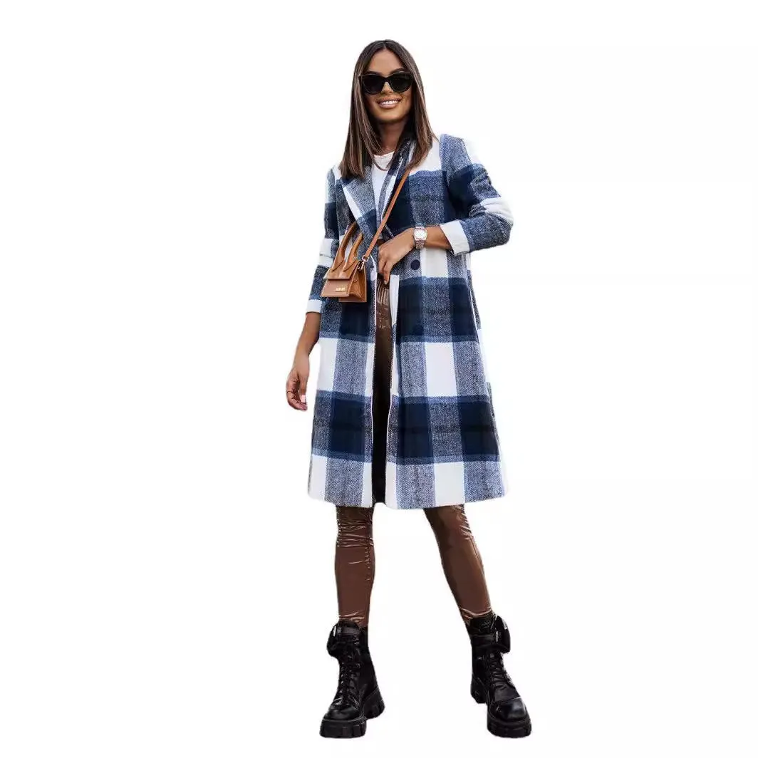 Women's Fall Winter Fashion Brushed Mid-length Plaid Wool Coat