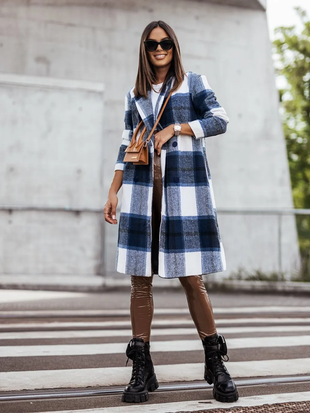 Women's Fall Winter Fashion Brushed Mid-length Plaid Wool Coat