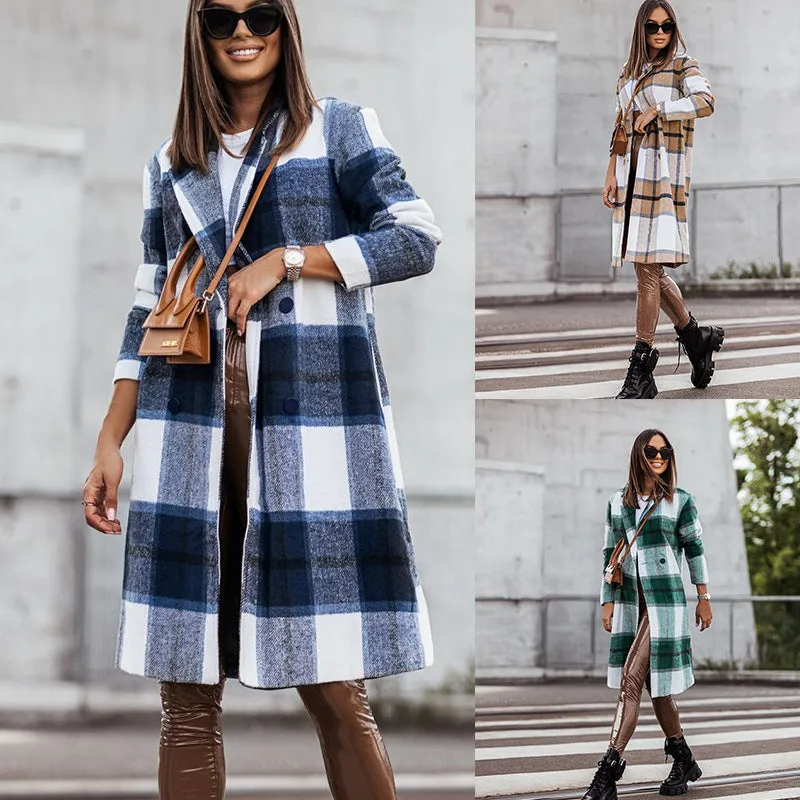 Women's Fall Winter Fashion Brushed Mid-length Plaid Wool Coat