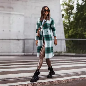 Women's Fall Winter Fashion Brushed Mid-length Plaid Wool Coat