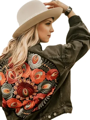 Women's Floral Embroidered Black Denim Jacket