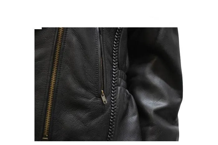 Women's Leather Motorcycle Jacket With Snap Down Collar, LJ710-01-DL