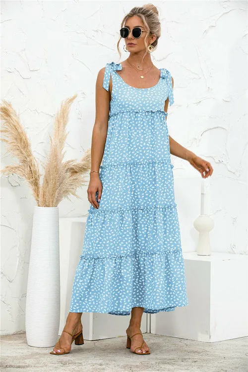 Women's Summer Boho Strap Neck Ruffle A Line Beach Long Maxi Dress