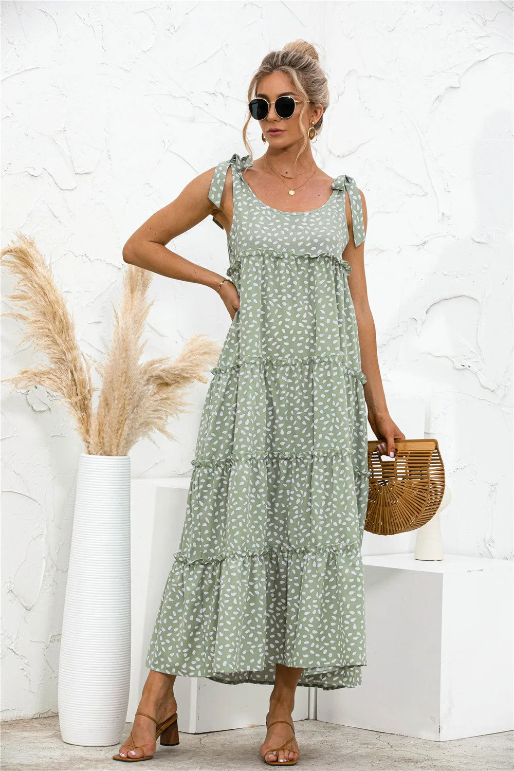 Women's Summer Boho Strap Neck Ruffle A Line Beach Long Maxi Dress