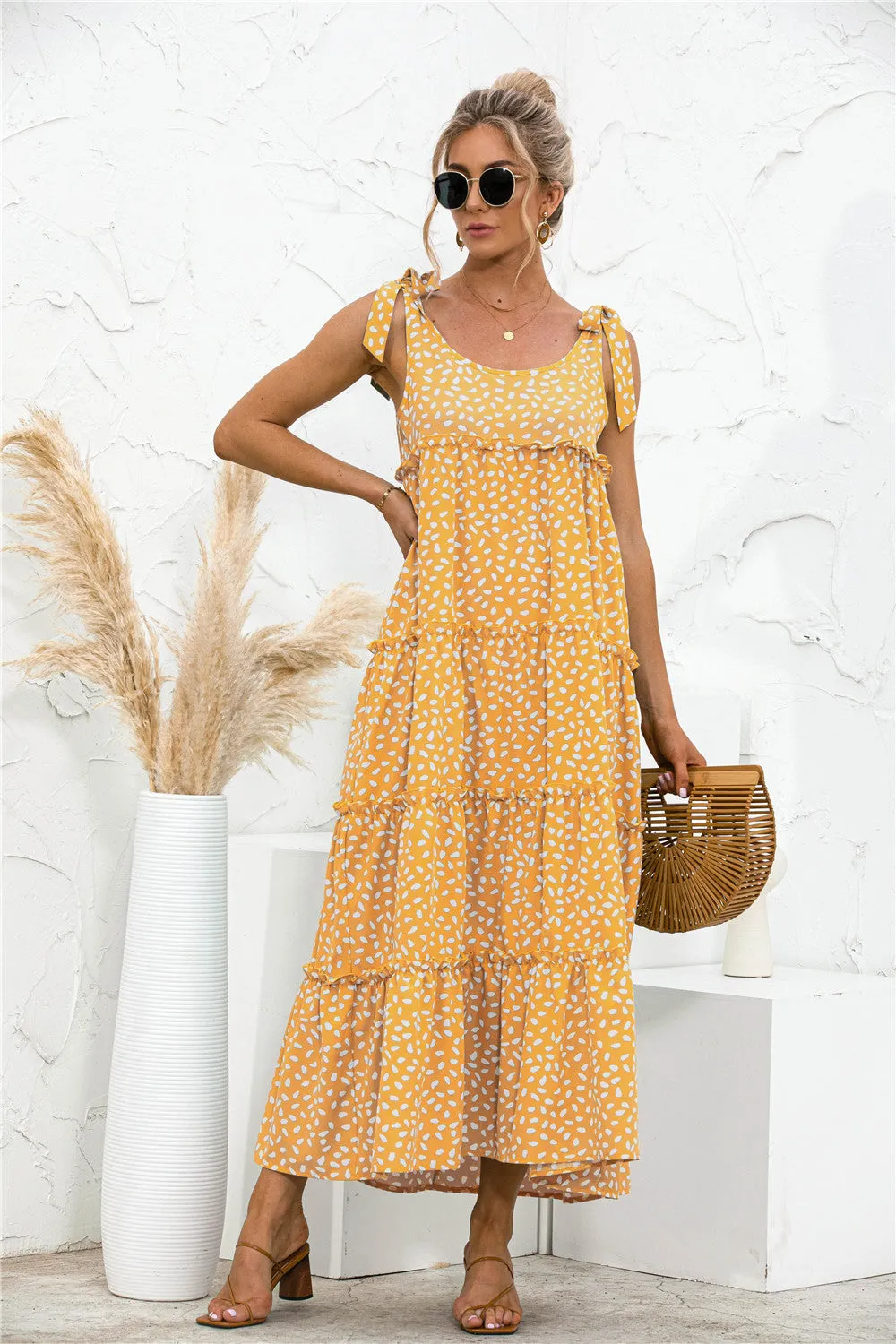 Women's Summer Boho Strap Neck Ruffle A Line Beach Long Maxi Dress