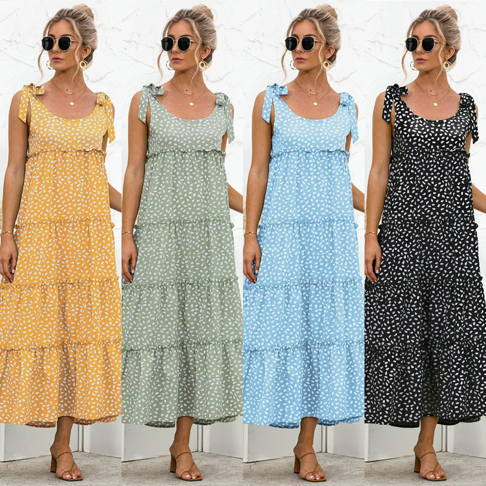 Women's Summer Boho Strap Neck Ruffle A Line Beach Long Maxi Dress