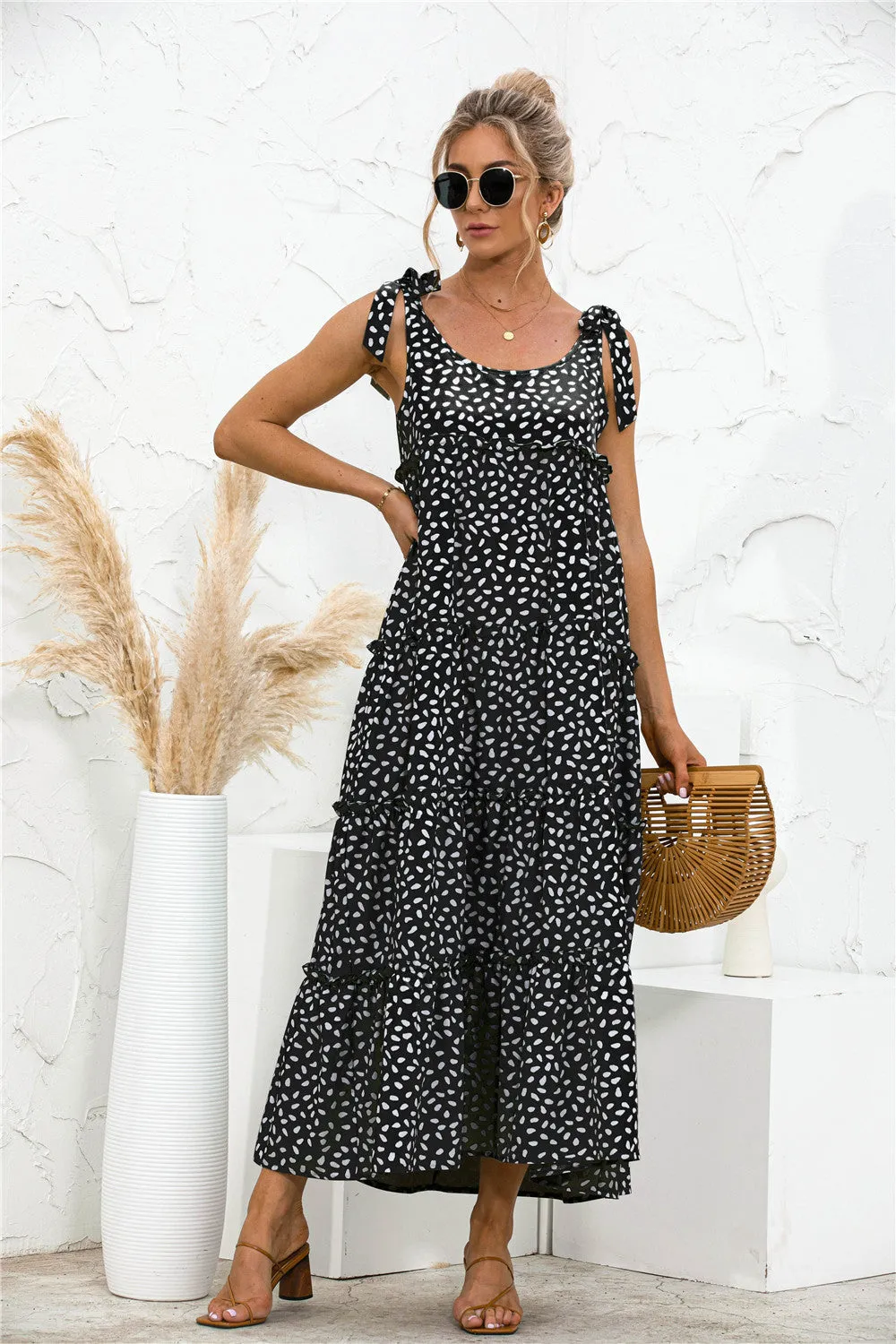 Women's Summer Boho Strap Neck Ruffle A Line Beach Long Maxi Dress